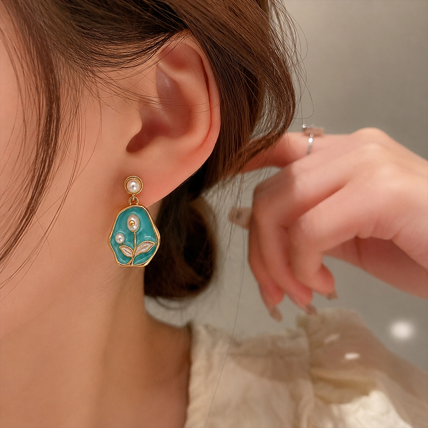 Pearl Blossom Enamel Gold-Tone Drop Earrings