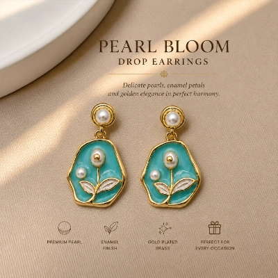 Pearl Blossom Enamel Gold-Tone Drop Earrings