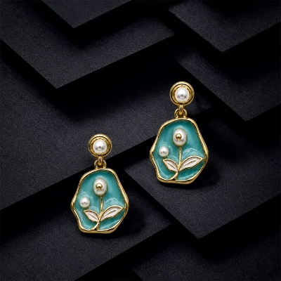 Pearl Blossom Enamel Gold-Tone Drop Earrings