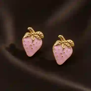 Cute Pink Strawberry Gold-Tone Stud Earrings