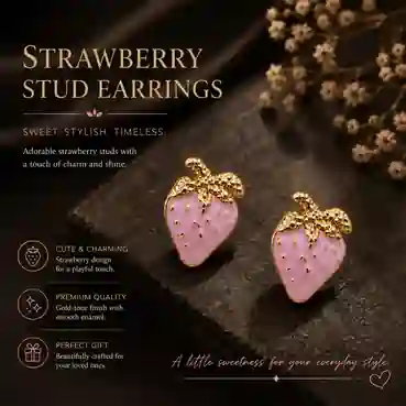 Cute Pink Strawberry Gold-Tone Stud Earrings