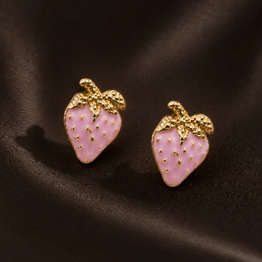Cute Pink Strawberry Gold-Tone Stud Earrings