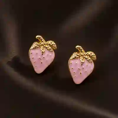 Cute Pink Strawberry Gold-Tone Stud Earrings