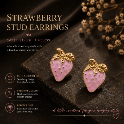 Cute Pink Strawberry Gold-Tone Stud Earrings