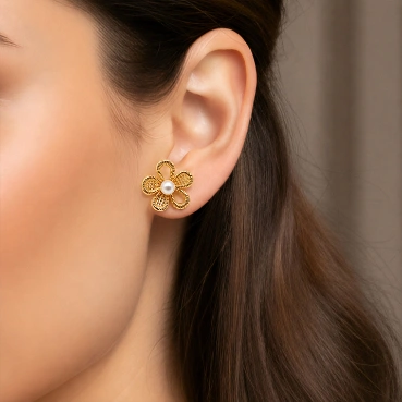Contemporary Pearl Flower Stud Earrings