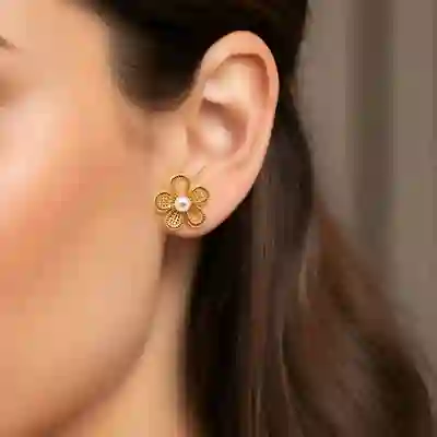 Contemporary Pearl Flower Stud Earrings