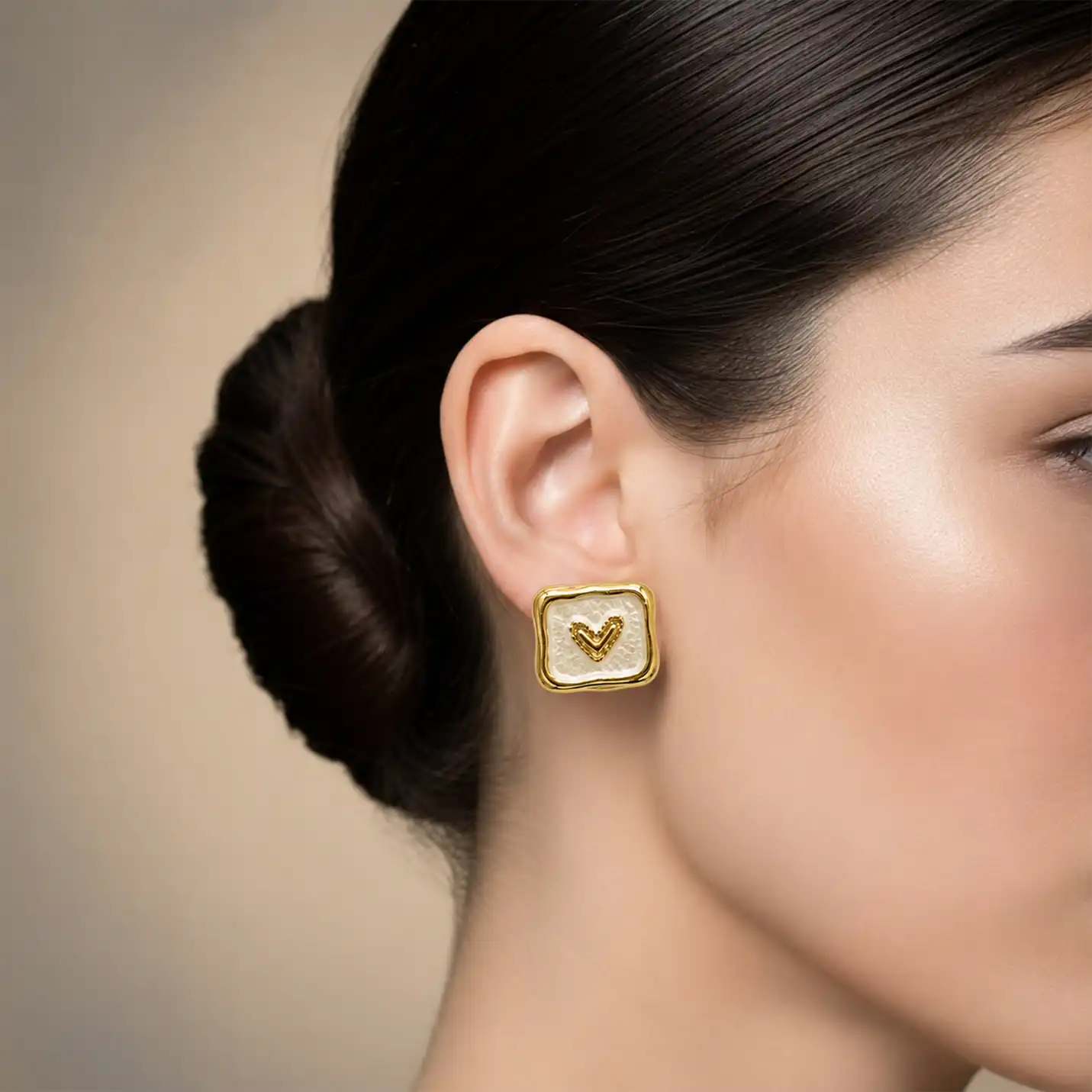 Heart Motif White Enamel Gold-Tone Stud Earrings