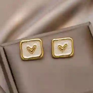 Heart Motif White Enamel Gold-Tone Stud Earrings