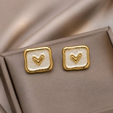 Heart Motif White Enamel Gold-Tone Stud Earrings