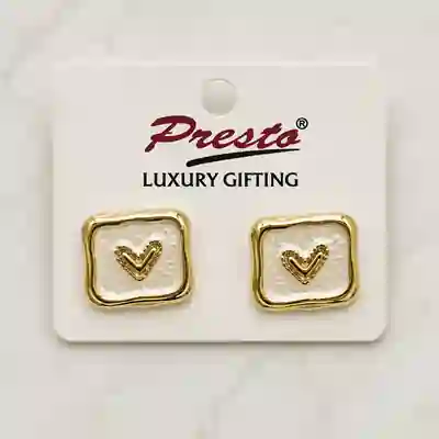 Heart Motif White Enamel Gold-Tone Stud Earrings