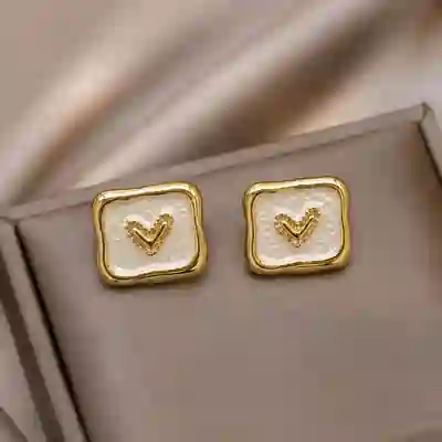 Heart Motif White Enamel Gold-Tone Stud Earrings