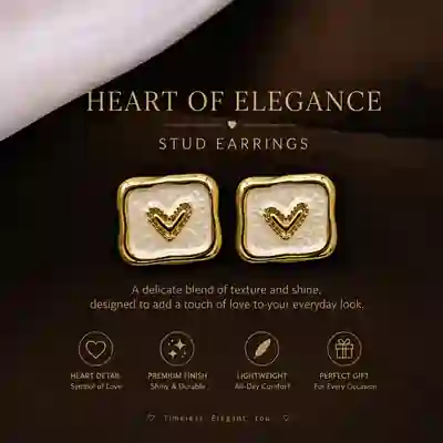 Heart Motif White Enamel Gold-Tone Stud Earrings