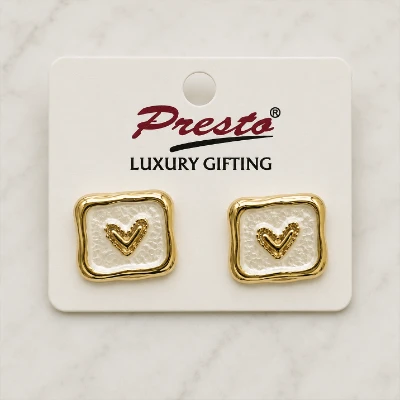 Heart Motif White Enamel Gold-Tone Stud Earrings
