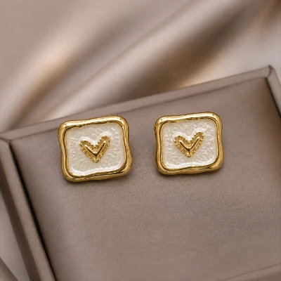 Heart Motif White Enamel Gold-Tone Stud Earrings