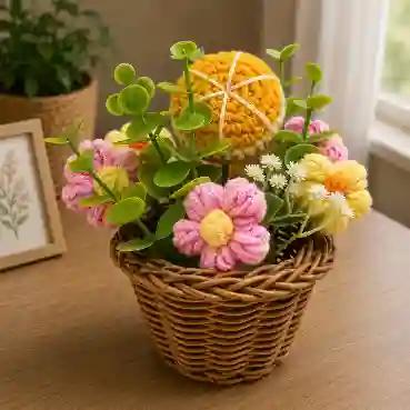 Handcrafted Crochet Flower Basket with Decorative Floral Arrangement