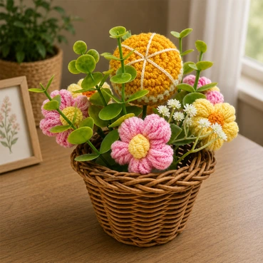 Handcrafted Crochet Flower Basket with Decorative Floral Arrangement