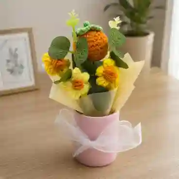 Handcrafted Crochet Sunflower Bouquet in Decorative Pink Vase