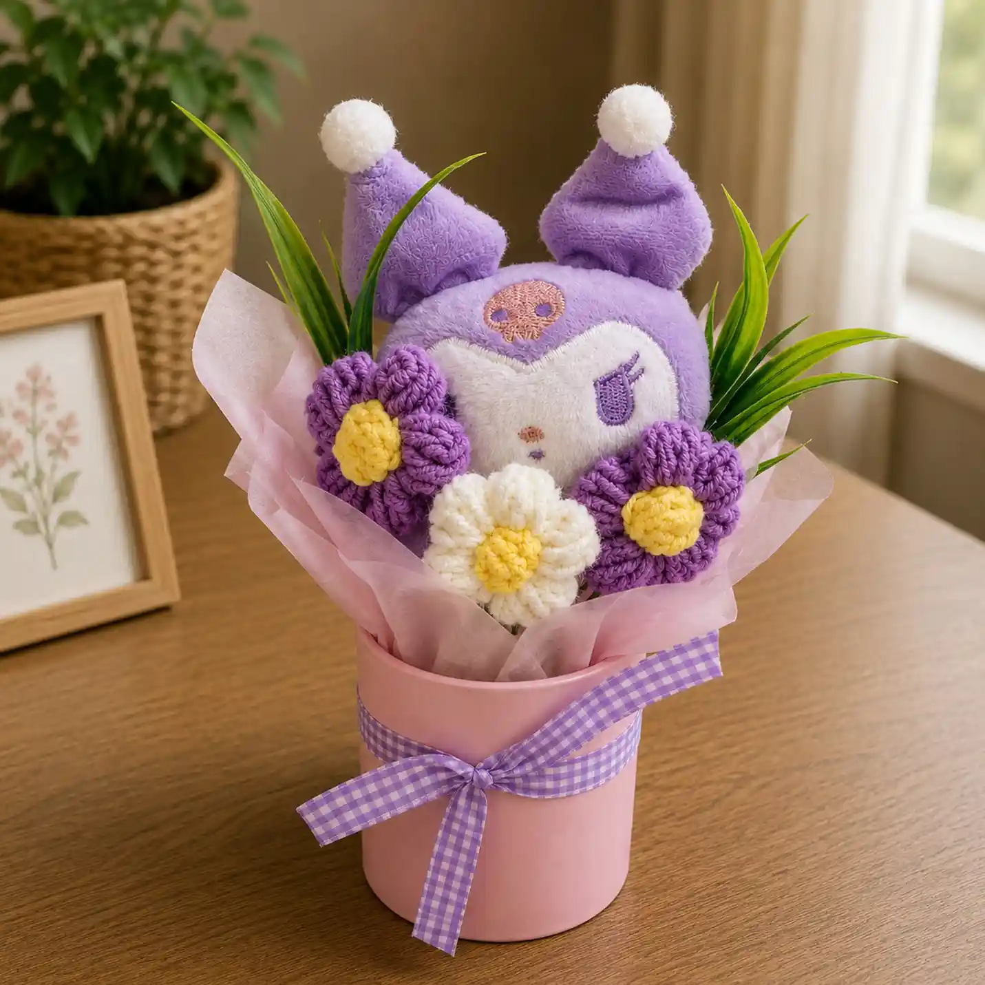 Cute Purple Plush Character & Crochet Flower Bouquet in Pink Gift Vase