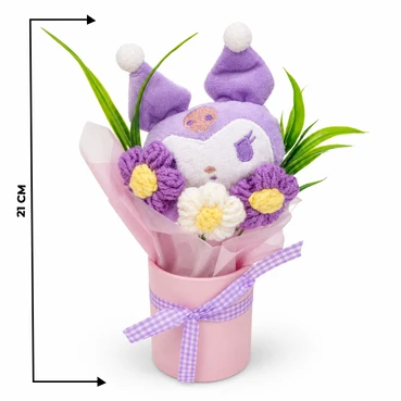 Cute Purple Plush Character &amp; Crochet Flower Bouquet in Pink Gift Vase