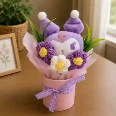 Cute Purple Plush Character & Crochet Flower Bouquet in Pink Gift Vase