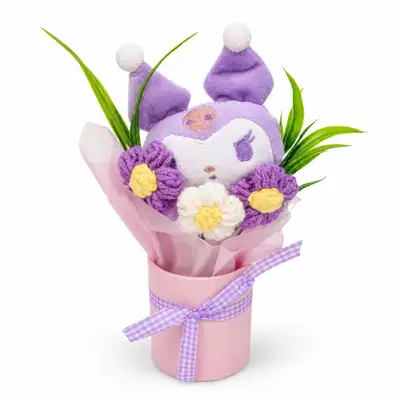 Cute Purple Plush Character & Crochet Flower Bouquet in Pink Gift Vase