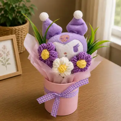 Cute Purple Plush Character & Crochet Flower Bouquet in Pink Gift Vase