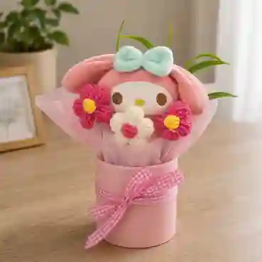 Cute Bunny Plush &amp; Crochet Flower Bouquet in Pink Gift Vase