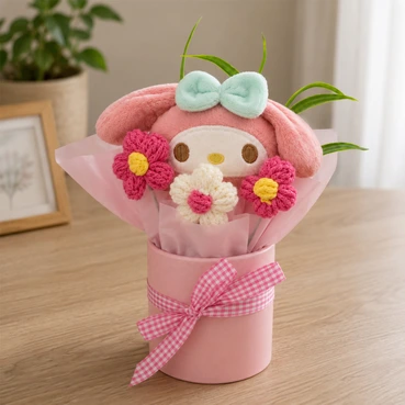 Cute Bunny Plush &amp; Crochet Flower Bouquet in Pink Gift Vase