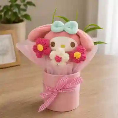 Cute Bunny Plush & Crochet Flower Bouquet in Pink Gift Vase