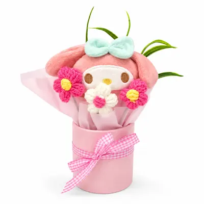 Cute Bunny Plush & Crochet Flower Bouquet in Pink Gift Vase