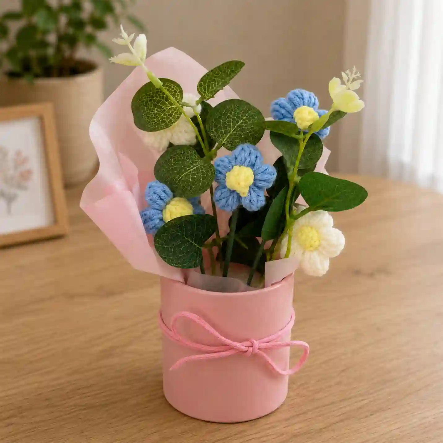 Handmade Blue & White Crochet Flower Bouquet in Pink Gift Vase