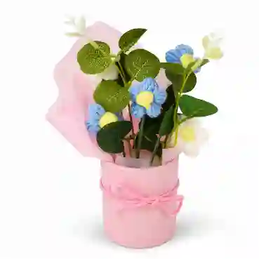 Handmade Blue &amp; White Crochet Flower Bouquet in Pink Gift Vase