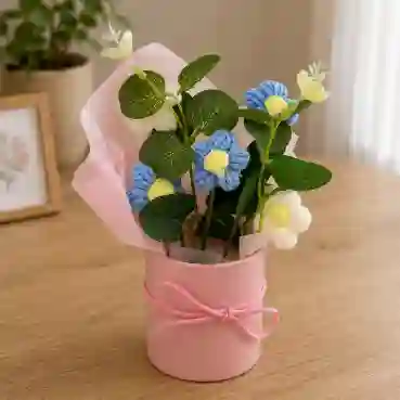 Handmade Blue & White Crochet Flower Bouquet in Pink Gift Vase