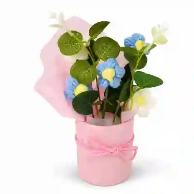 Handmade Blue & White Crochet Flower Bouquet in Pink Gift Vase