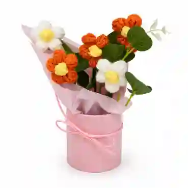 Handcrafted Orange &amp; White Crochet Daisy Bouquet in Pink Gift Vase