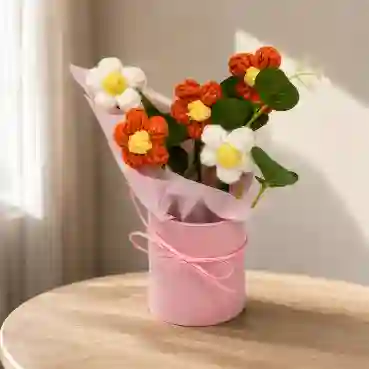 Handcrafted Orange &amp; White Crochet Daisy Bouquet in Pink Gift Vase