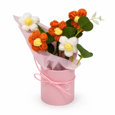 Handcrafted Orange &amp; White Crochet Daisy Bouquet in Pink Gift Vase