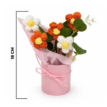 Handcrafted Orange &amp; White Crochet Daisy Bouquet in Pink Gift Vase