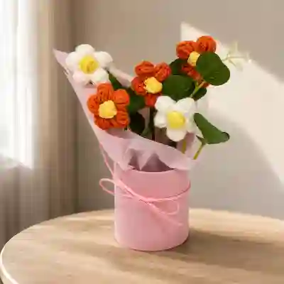 Handcrafted Orange & White Crochet Daisy Bouquet in Pink Gift Vase