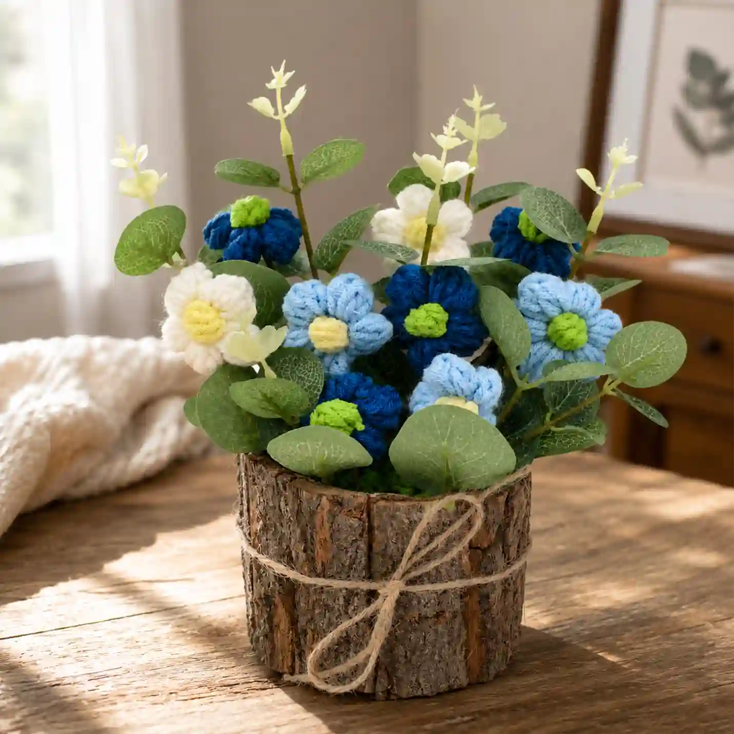 Ocean Bloom Crochet Flower Arrangement in Rustic Bark Planter