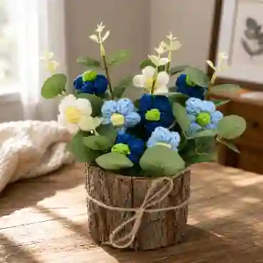 Ocean Bloom Crochet Flower Arrangement in Rustic Bark Planter