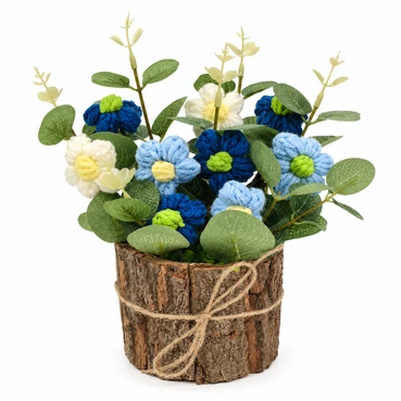 Ocean Bloom Crochet Flower Arrangement in Rustic Bark Planter