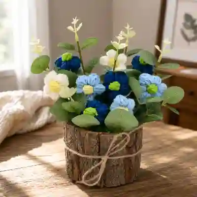 Ocean Bloom Crochet Flower Arrangement in Rustic Bark Planter
