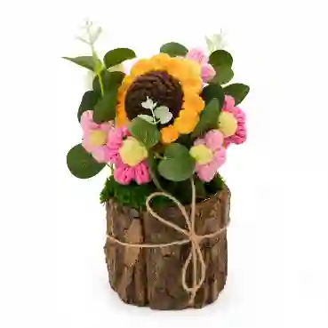 Handmade Sunflower &amp; Pink Crochet Floral Arrangement in Wooden Planter