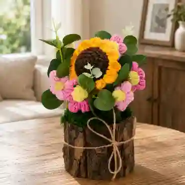 Handmade Sunflower & Pink Crochet Floral Arrangement in Wooden Planter