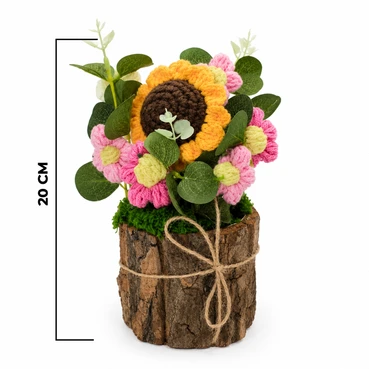 Handmade Sunflower &amp; Pink Crochet Floral Arrangement in Wooden Planter