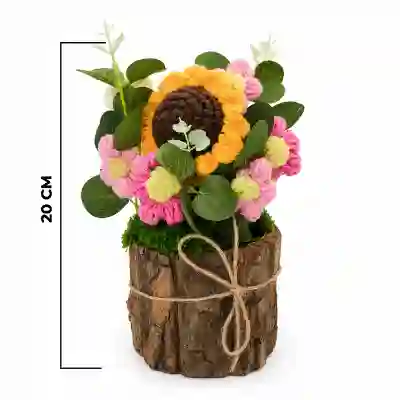 Handmade Sunflower & Pink Crochet Floral Arrangement in Wooden Planter