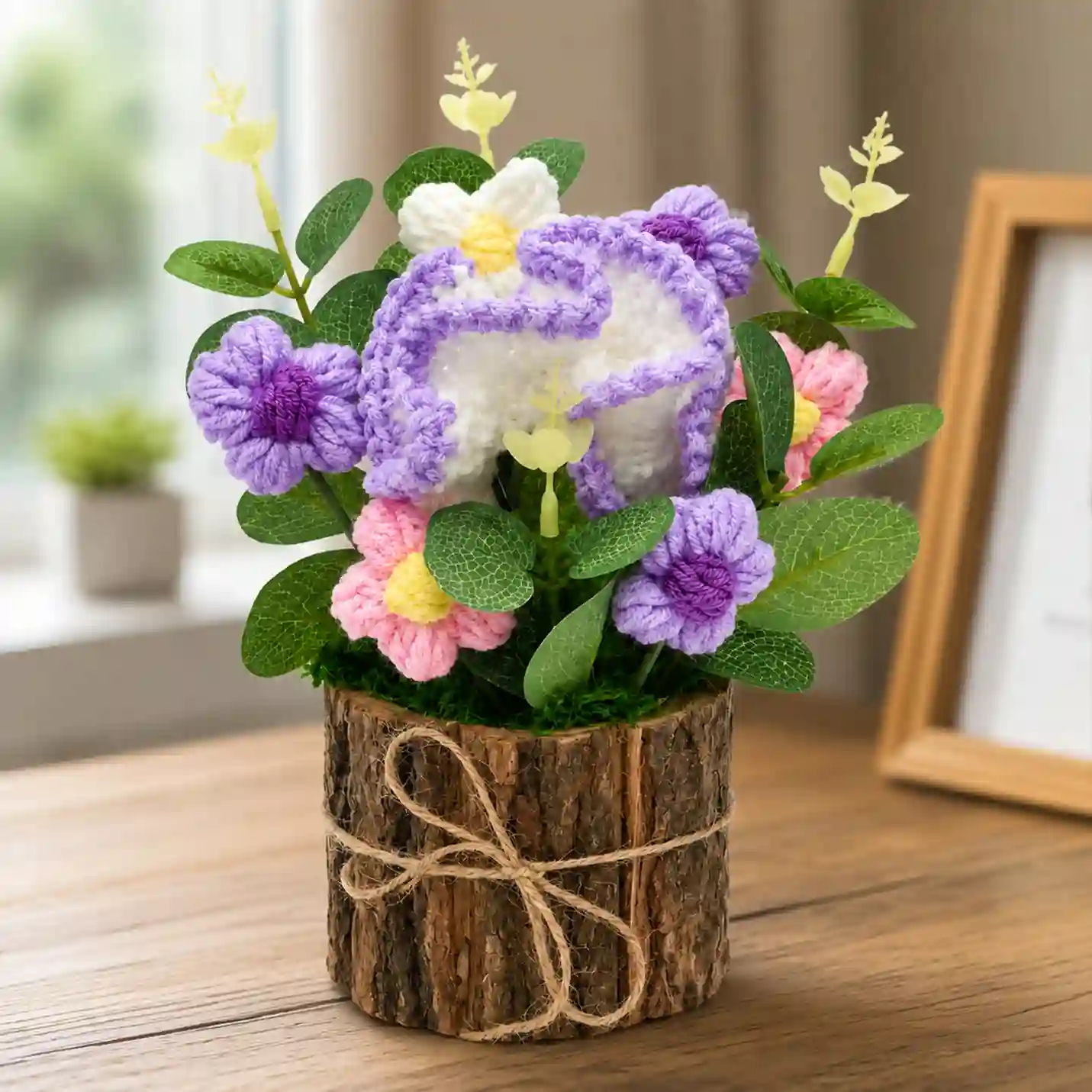 Handcrafted Crochet Elephant Floral Arrangement in Rustic Wooden Planter
