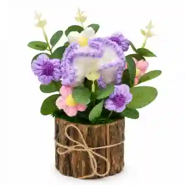 Handcrafted Crochet Elephant Floral Arrangement in Rustic Wooden Planter