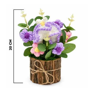 Handcrafted Crochet Elephant Floral Arrangement in Rustic Wooden Planter